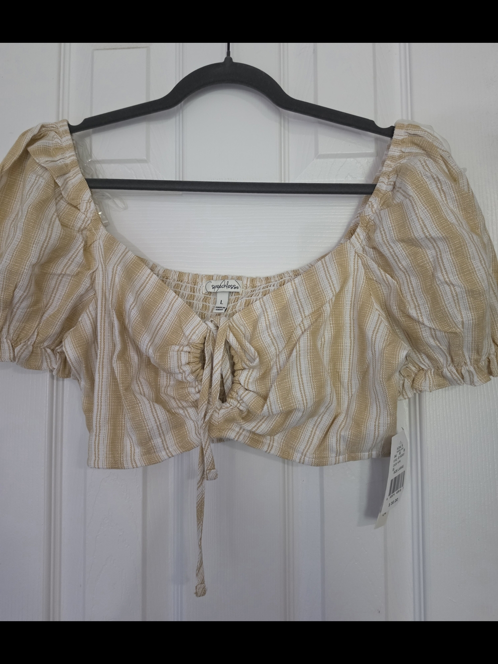 Speechless Beige and White Striped Puff Sleeve Crop Top Size Large